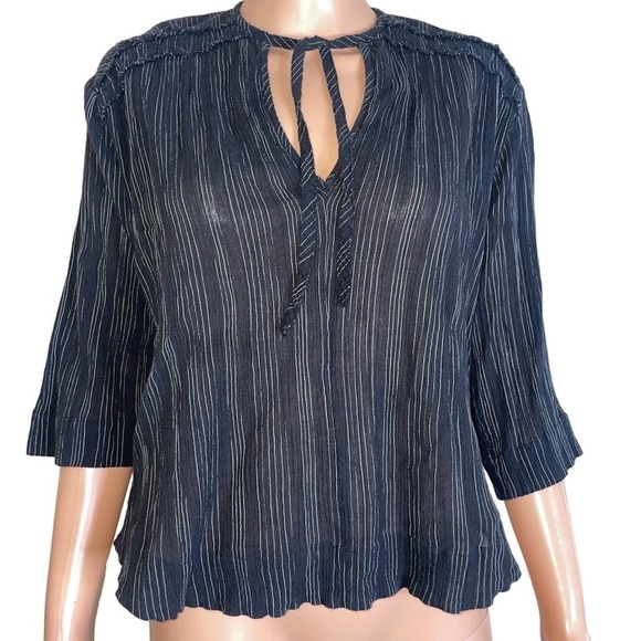 VINCE blouse Variegated Stripe Crinkle Cotton Top black white 100% cotton SZ S - Picture 2 of 12